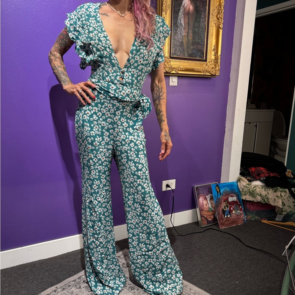 Chic silk Floral Teal Jumpsuit